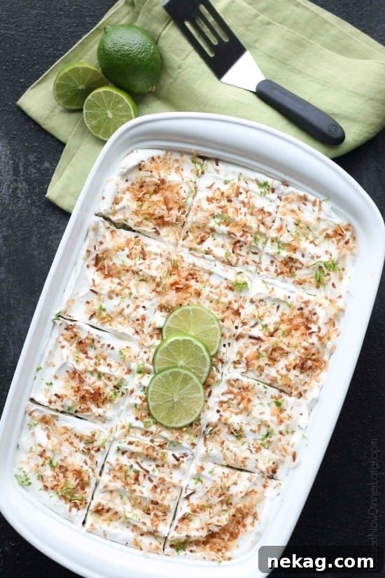 Coconut Lime Poke Cake - top view with toasted coconut and lime zest.
