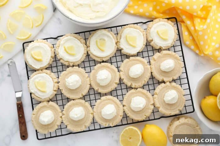 Topping lemon sugar cookies with lemon frosting and lemon slices.