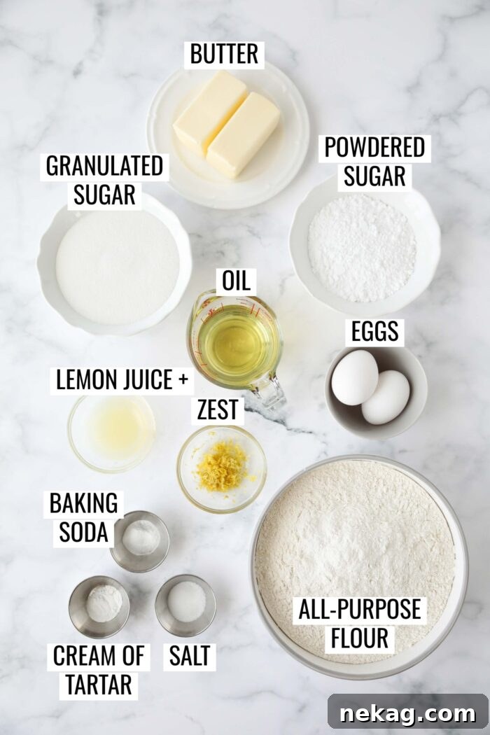 Labeled ingredients needed to make lemon sugar cookies.