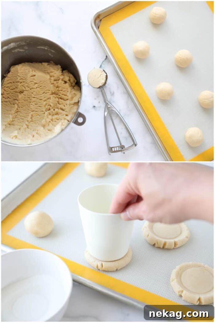 Scooping and flattening lemon sugar cookies.