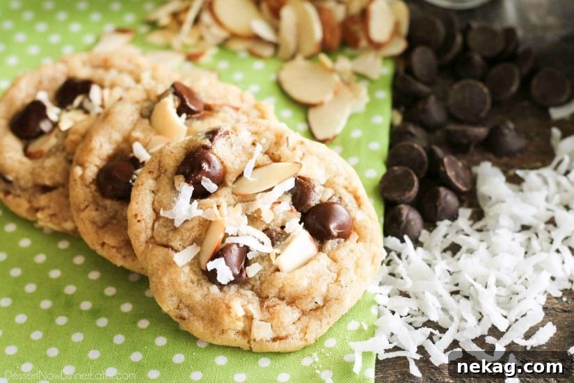 Almond Coconut Chocolate Chip Cookie Recipe for Chewy Treats 5 Almond Coconut Chocolate Chip Cookies are loaded with sliced almonds, shredded coconut, chocolate chips and flavored extracts for an Almond Joy inspired twist on the traditional chocolate chip cookie.