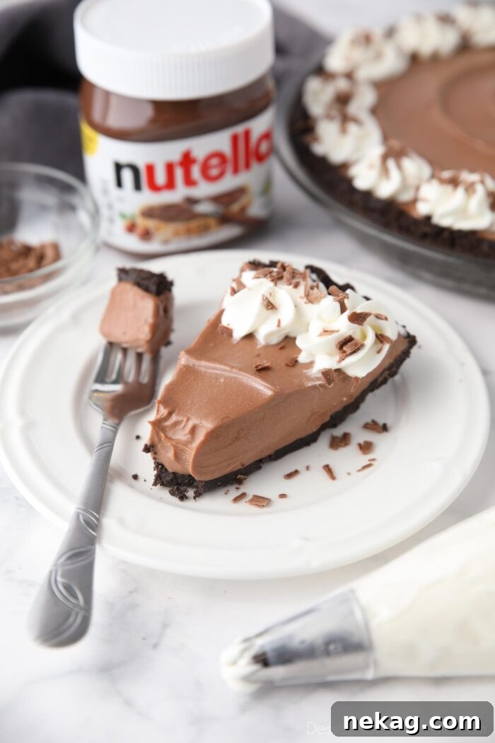 Fork-full taken out of no bake Nutella cheesecake pie.
