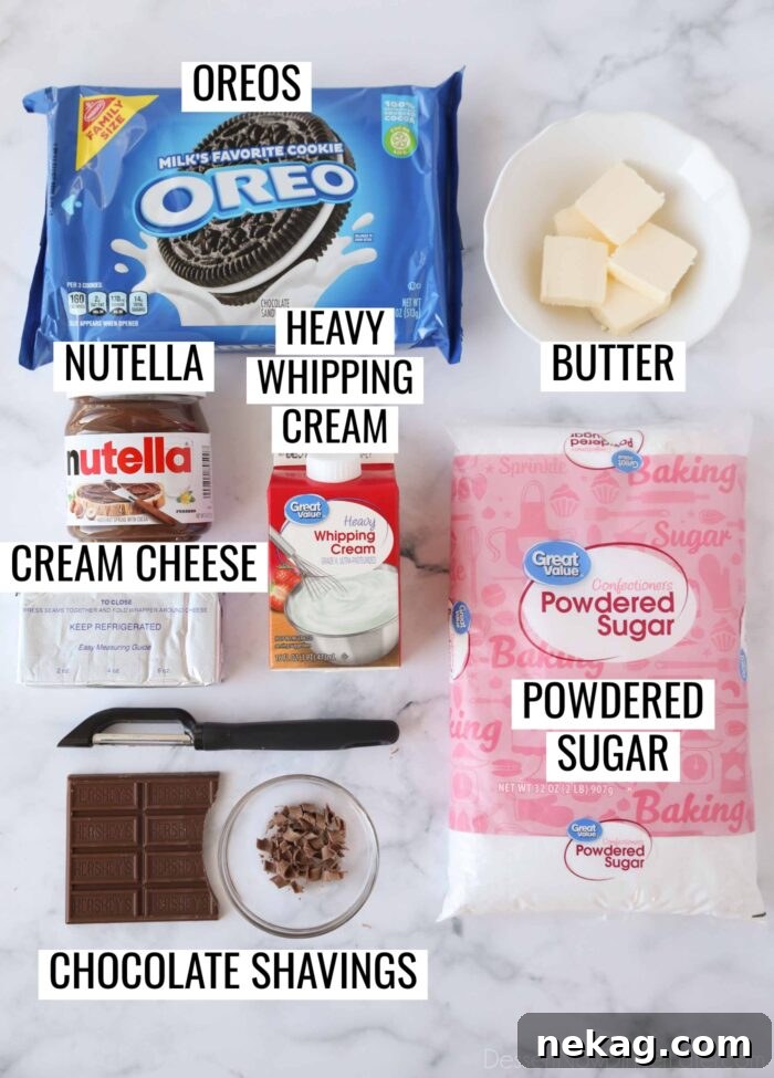 Labeled ingredients needed for No Bake Nutella Cheesecake Pie.