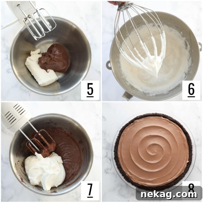 Steps to make no bake Nutella cheesecake filling.
