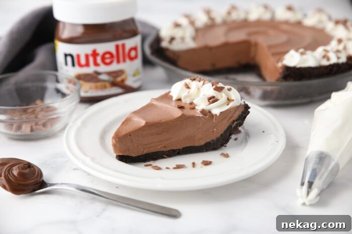 Slice of no bake Nutella cheesecake on a plate.