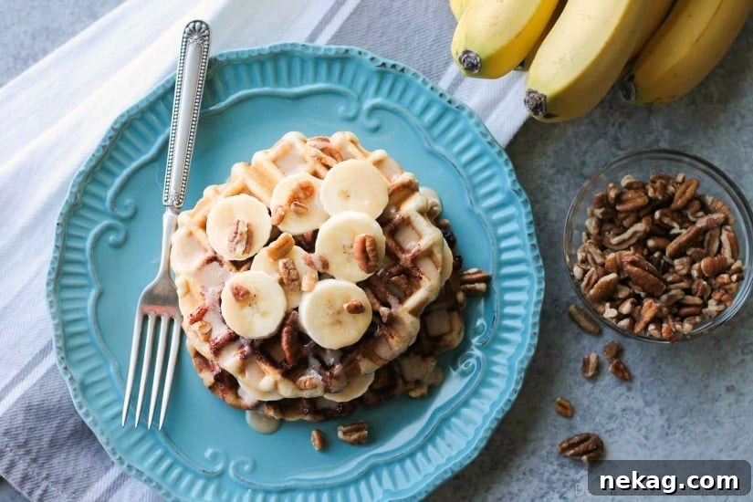 Banana Nut Cinnamon Roll Waffles Recipe — Fluffy, Caramelized Treat 5 Cinnamon Roll Waffles are topped with freshly sliced bananas, crunchy nuts, and a maple cream cheese drizzle.