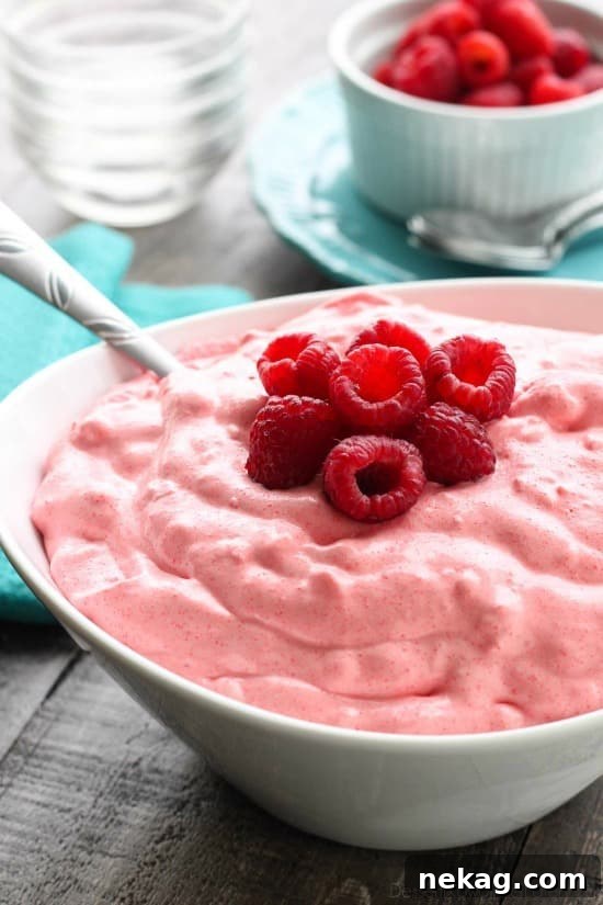 Creamy Raspberry Fluff Fruit Salad Recipe 2 Raspberry Fluff Fruit Salad is the jello salad that everyone loves! With only 4-ingredients and 5 minutes prep, this is the perfect sweet side dish for your next potluck, picnic, or BBQ!