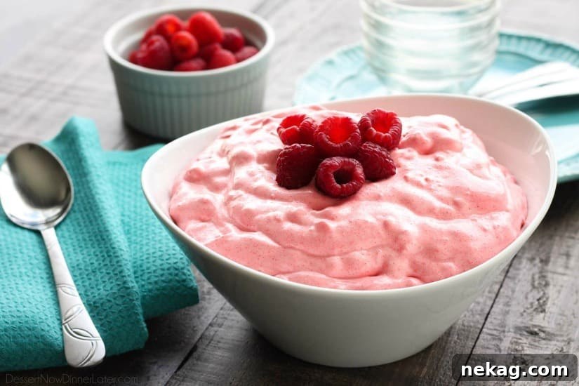 Creamy Raspberry Fluff Fruit Salad Recipe 3 Raspberry Fluff Fruit Salad is the jello salad that everyone loves! With only 4-ingredients and 5 minutes prep, this is the perfect sweet side dish for your next potluck, picnic, or BBQ!
