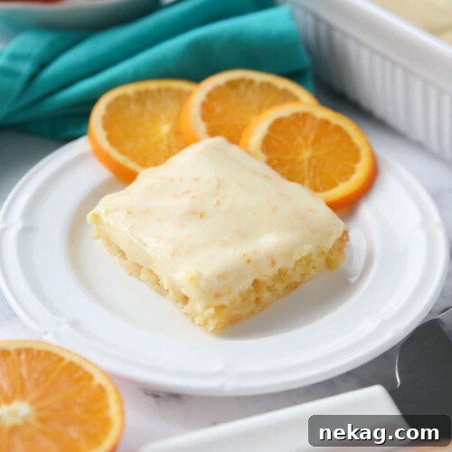 Orange Brownies on a plate with slices of oranges.