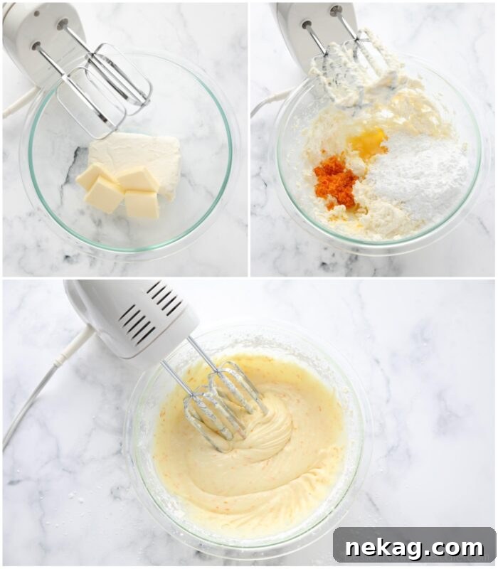 Steps to make orange cream cheese frosting.