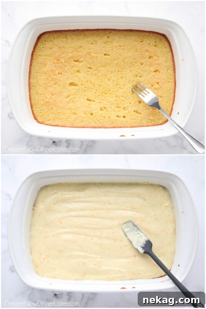 Piercing brownies with a fork and spreading orange frosting on top while still warm.