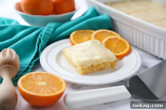 Orange Brownies on a plate with slices of oranges.