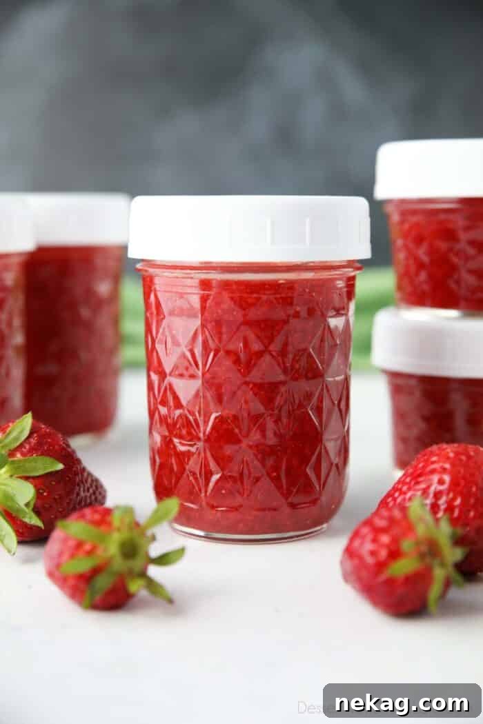 Low-Sugar Strawberry Freezer Jam Recipe with Video Tutorial 2 Close-up of a glass jar of homemade strawberry freezer jam.
