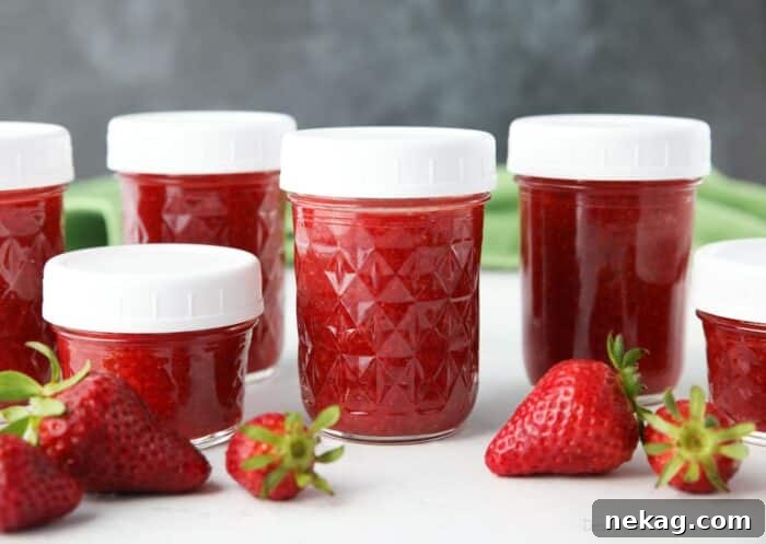 Low-Sugar Strawberry Freezer Jam Recipe with Video Tutorial 12 Mason jars filled with homemade strawberry jam.