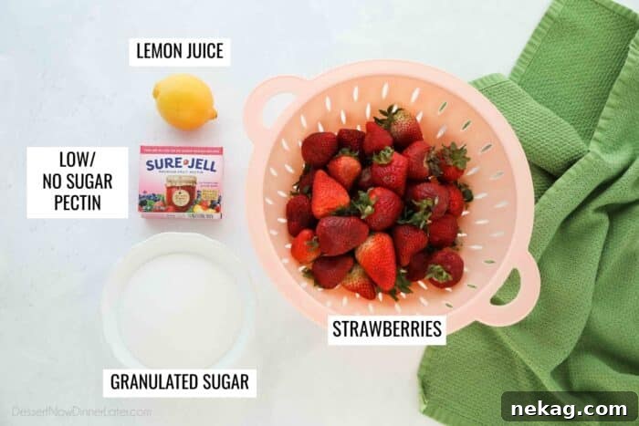 Low-Sugar Strawberry Freezer Jam Recipe with Video Tutorial 7 Ingredients for low-sugar strawberry freezer jam. Strawberries, granulated sugar, low/no sugar pectin, and lemon juice.