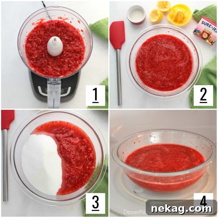 Low-Sugar Strawberry Freezer Jam Recipe with Video Tutorial 8 Four image collage of recipe steps to make strawberry jam. 1- Crush strawberries in food processor. 2- Add pectin and lemon juice. 3- Add sugar. 4- Cook in microwave.