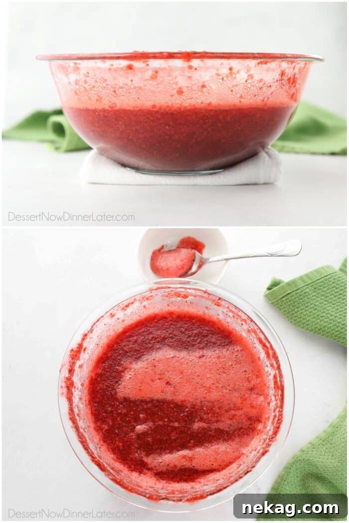 Low-Sugar Strawberry Freezer Jam Recipe with Video Tutorial 9 Crushed strawberry jam after being cooked in the microwave. Skimming the foam off the top.