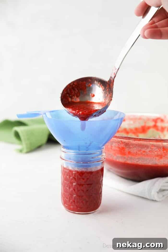 Low-Sugar Strawberry Freezer Jam Recipe with Video Tutorial 10 Pouring strawberry mixture into glass jars for freezer jam.