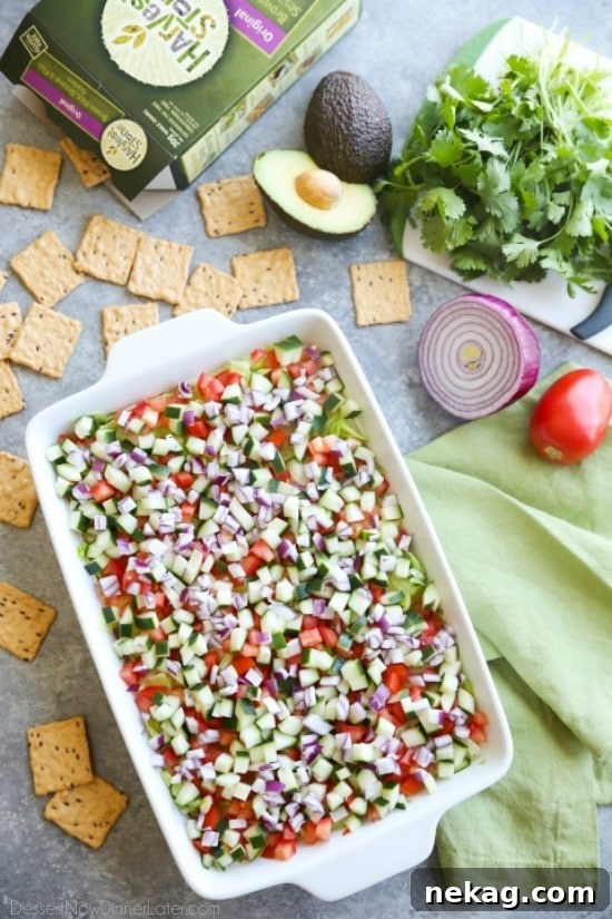 Lightened Seven-Layer Dip Recipe for Parties and Game Day 2 This Skinny Seven Layer Dip is loaded with fresh veggies, and makes a great appetizer or snack for any party or barbecue!