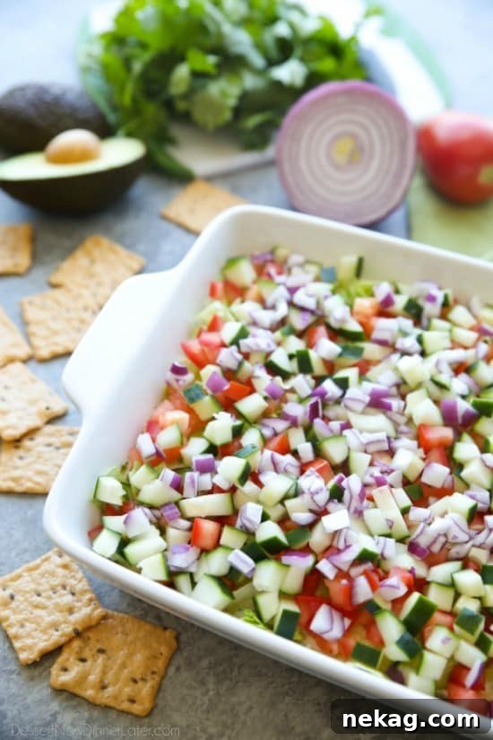 Lightened Seven-Layer Dip Recipe for Parties and Game Day 4 This Skinny Seven Layer Dip is loaded with fresh veggies, and makes a great appetizer or snack for any party or barbecue!