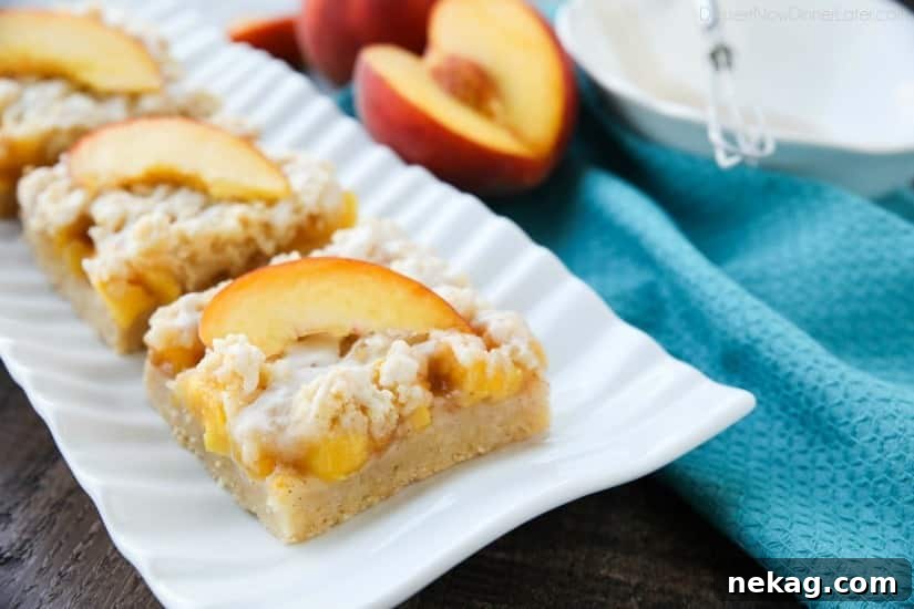 Juicy Peach Crumble Bars Recipe for Summer Baking 3 These Peach Crumb Bars are made with fresh summer peaches, sandwiched between a sweet buttery crust and crumb topping, with a hint of cinnamon, and are drizzled with a fresh almond (or vanilla) glaze. The most delicious summer dessert!