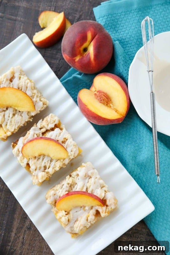 Juicy Peach Crumble Bars Recipe for Summer Baking 4 These Peach Crumb Bars are made with fresh summer peaches, sandwiched between a sweet buttery crust and crumb topping, with a hint of cinnamon, and are drizzled with a fresh almond (or vanilla) glaze. The most delicious summer dessert!