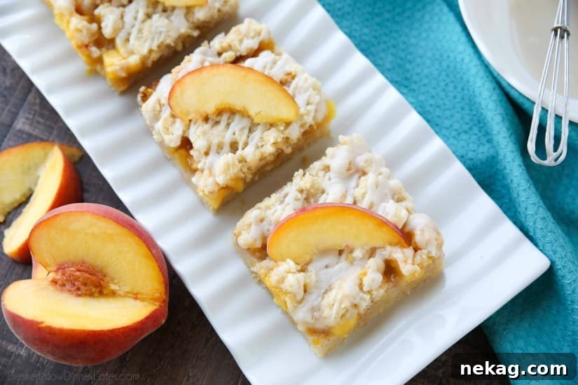 Juicy Peach Crumble Bars Recipe for Summer Baking 6 These Peach Crumb Bars are made with fresh summer peaches, sandwiched between a sweet buttery crust and crumb topping, with a hint of cinnamon, and are drizzled with a fresh almond (or vanilla) glaze. The most delicious summer dessert!