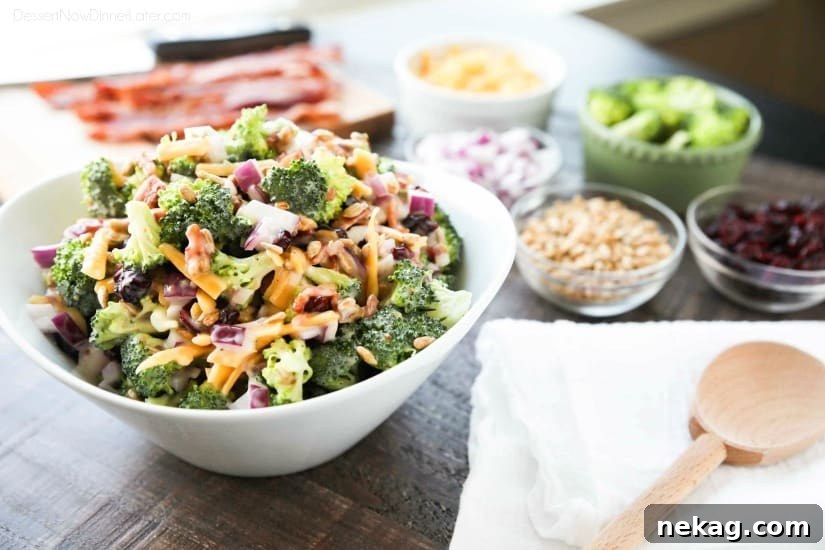 This Broccoli Salad recipe is our favorite! It's creamy, sweet, and salty, with the just the right amount of crunch. A great side dish for barbecues, potlucks, picnics or parties. Everyone loves this salad!