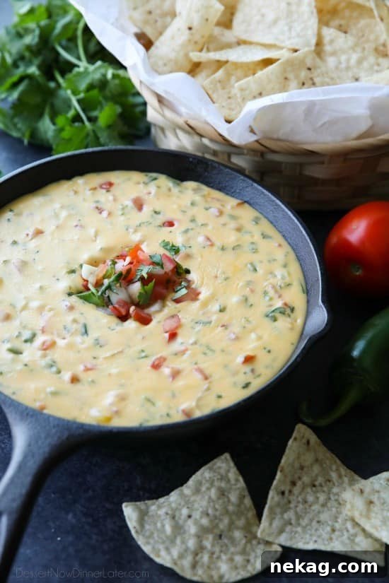 Queso Dip served in a bowl with chips