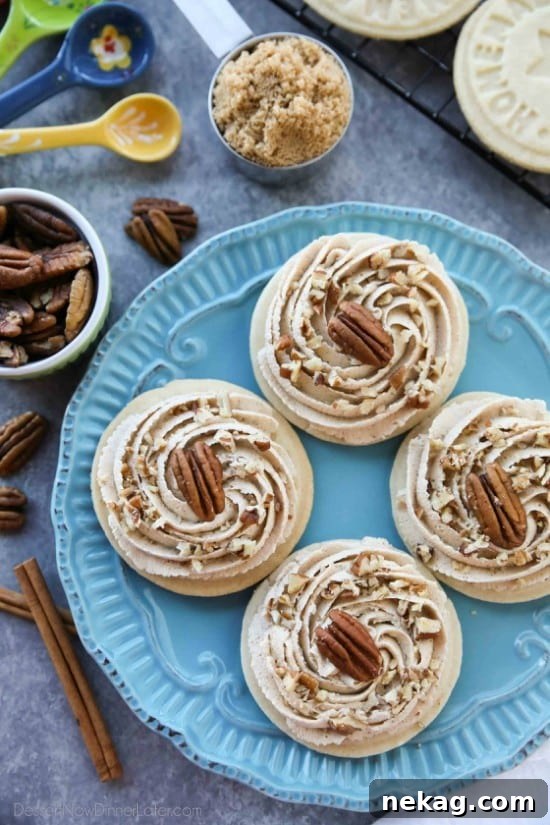 Brown Sugar Pecan Sugar Cookies are made with a classic sugar cookie base and topped with a brown sugar frosting and crunchy toasted pecans.
