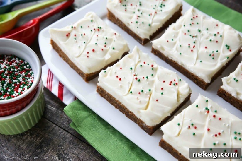 Close-up of Gingerbread Cookie Bars with cream cheese frosting.