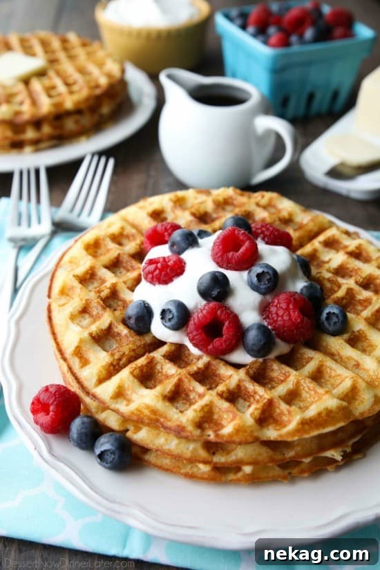 Golden brown buttermilk waffles fresh from the iron