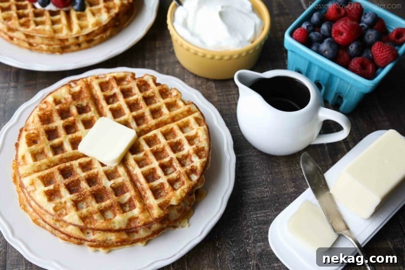 Stack of fluffy buttermilk waffles ready to serve