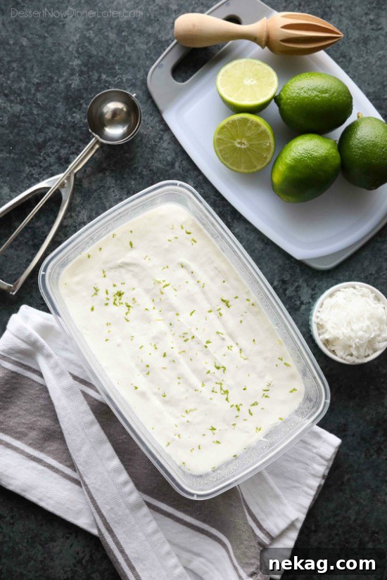 Coconut Lime Ice Cream Recipe with Video Tutorial 3 This no churn Easy Coconut Lime Ice Cream is creamy, sweet, tangy, and perfectly tropical. Add soda for an amazing ice cream float! No ice cream maker needed!