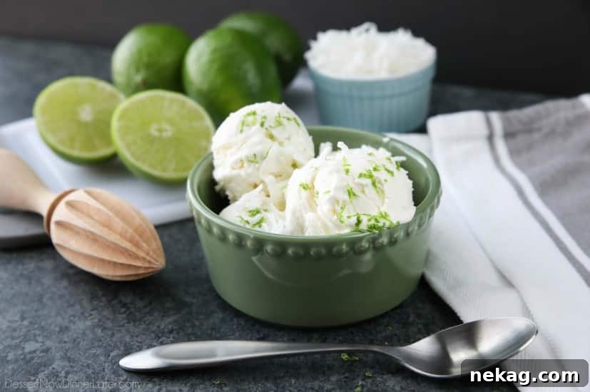 Coconut Lime Ice Cream Recipe with Video Tutorial 4 This no churn Easy Coconut Lime Ice Cream is creamy, sweet, tangy, and perfectly tropical. Add soda for an amazing ice cream float! No ice cream maker needed!