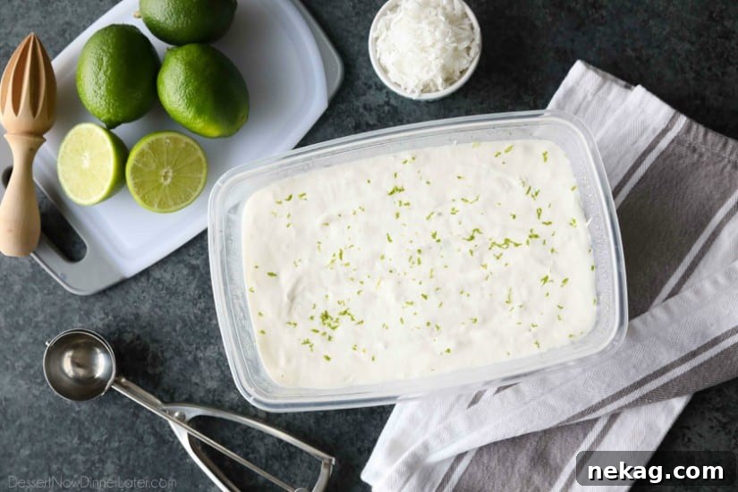 Coconut Lime Ice Cream Recipe with Video Tutorial 5 This no churn Easy Coconut Lime Ice Cream is creamy, sweet, tangy, and perfectly tropical. Add soda for an amazing ice cream float! No ice cream maker needed!