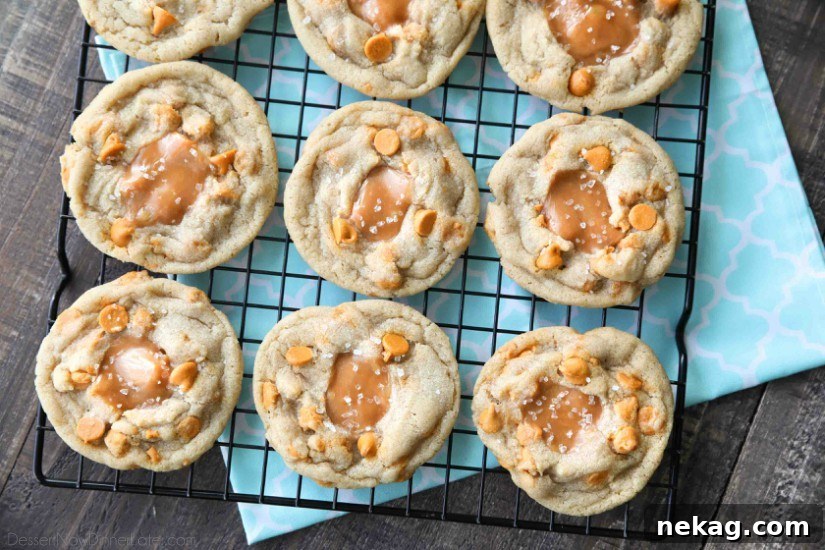 Salted Caramel Cookies are soft, chewy, and full of caramel, with just the right amount of salt. This sweet and salty dessert is one recipe you'll make again and again!