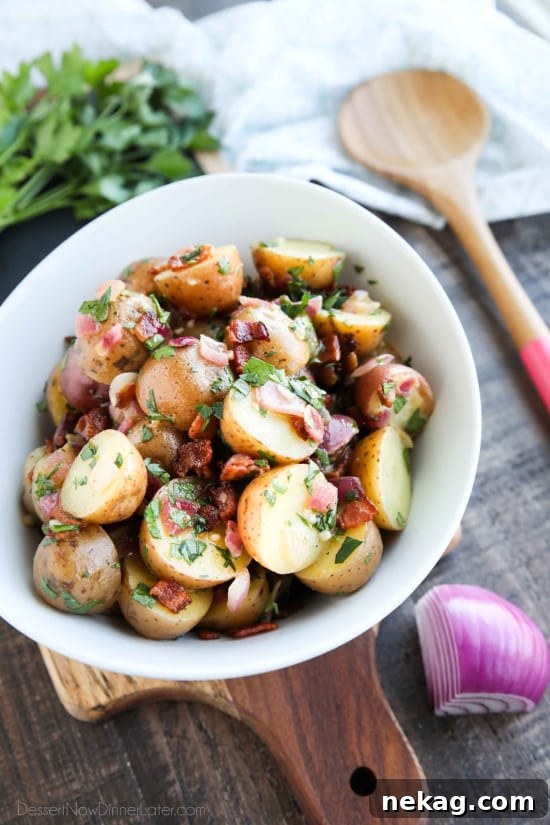 Crispy Bacon Potato Salad with Creamy Herb Dressing 14 There's no mayo in this flavorful Bacon Potato Salad that's dressed with an easy garlic and honey-mustard vinaigrette. Delicious warm or cold, you'll enjoy making this zesty Bacon Potato Salad for picnics, potlucks, parties, and events!