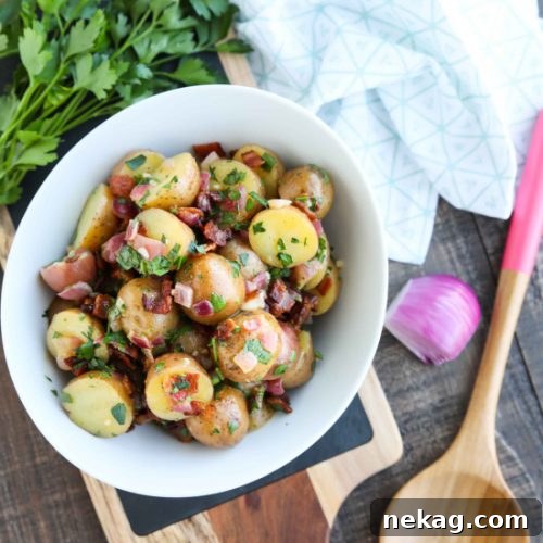 Crispy Bacon Potato Salad with Creamy Herb Dressing 15 There's no mayo in this flavorful Bacon Potato Salad that's dressed with an easy garlic and honey-mustard vinaigrette. Delicious warm or cold, you'll enjoy making this zesty Bacon Potato Salad for picnics, potlucks, parties, and events!