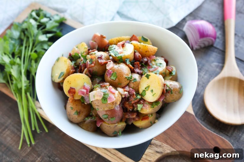 Crispy Bacon Potato Salad with Creamy Herb Dressing 3 There's no mayo in this flavorful Bacon Potato Salad that's dressed with an easy garlic and honey-mustard vinaigrette. Delicious warm or cold, you'll enjoy making this zesty Bacon Potato Salad for picnics, potlucks, parties, and events!