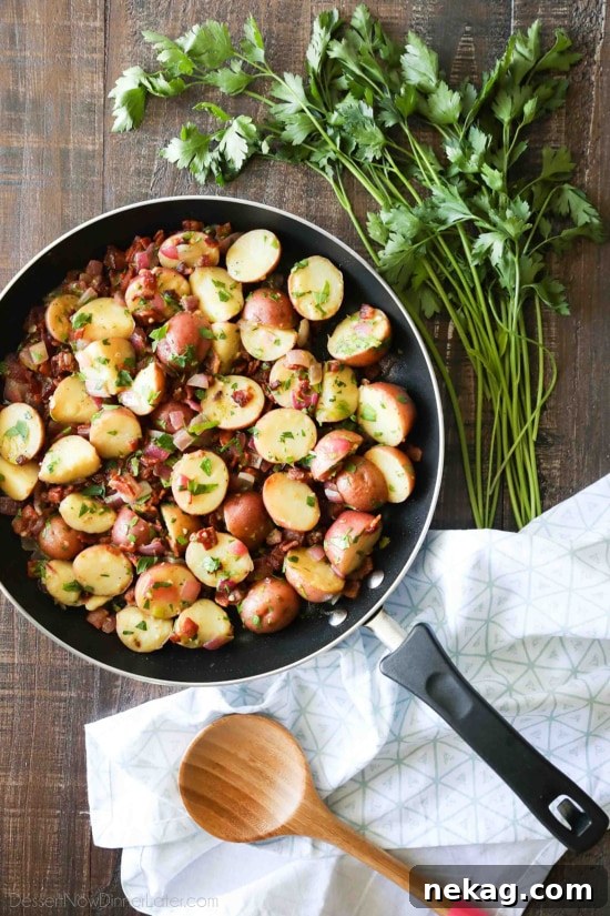 Crispy Bacon Potato Salad with Creamy Herb Dressing 6 There's no mayo in this flavorful Bacon Potato Salad that's dressed with an easy garlic and honey-mustard vinaigrette. Delicious warm or cold, you'll enjoy making this zesty Bacon Potato Salad for picnics, potlucks, parties, and events!