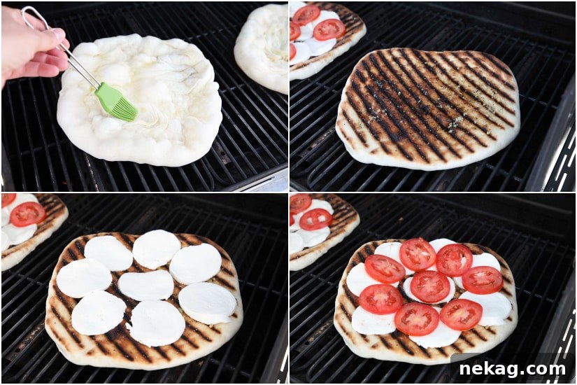 Grilled Caprese Flatbread with Fresh Mozzarella and Basil 5 Grilled Caprese Flatbread being prepared
