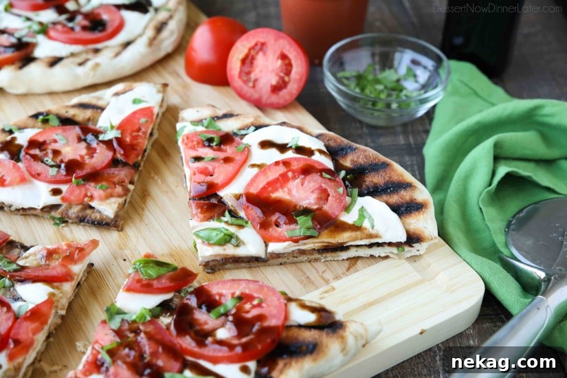 Grilled Caprese Flatbread with Fresh Mozzarella and Basil 7 Sliced Grilled Caprese Flatbread with balsamic glaze