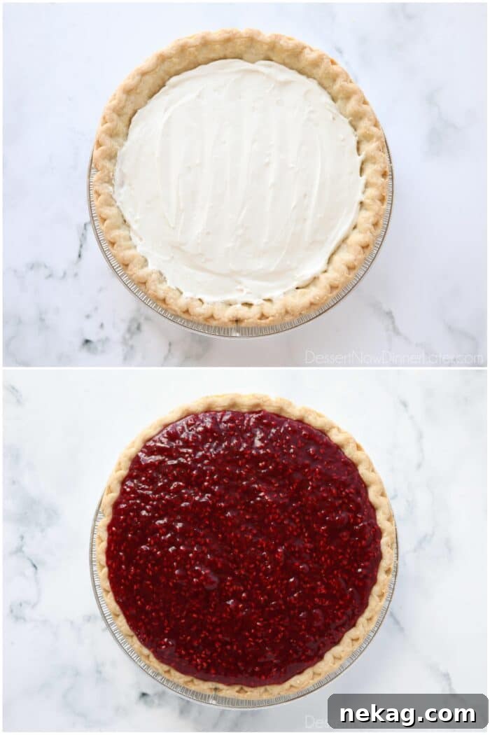 Decadent Raspberry Cream Pie Recipe with a Buttery Crust 9 Adding whipped cream cheese filling and raspberry topping to a blind baked pie crust.