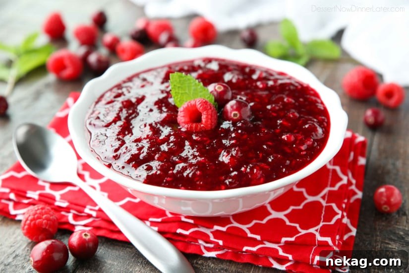 Spoon with raspberry cranberry sauce