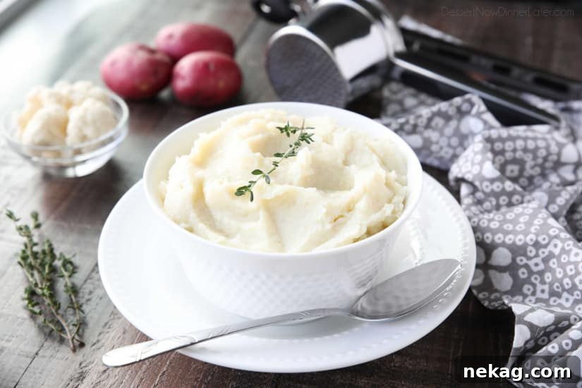Lightened-up Creamy Cauliflower and Mashed Potatoes is a healthier side dish, with half cauliflower and half potatoes. Velvety smooth and creamy with less carbs and no milk, sour cream, or butter. Delicious enough for Thanksgiving or Christmas, yet simple enough for any dinner.