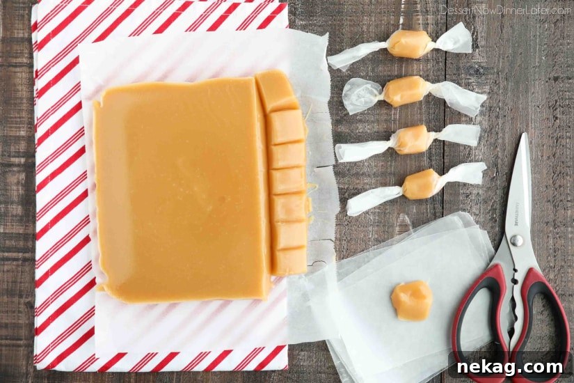How to Make Classic Homemade Caramels from Scratch 5 Cut homemade caramels wrapped in wax paper.