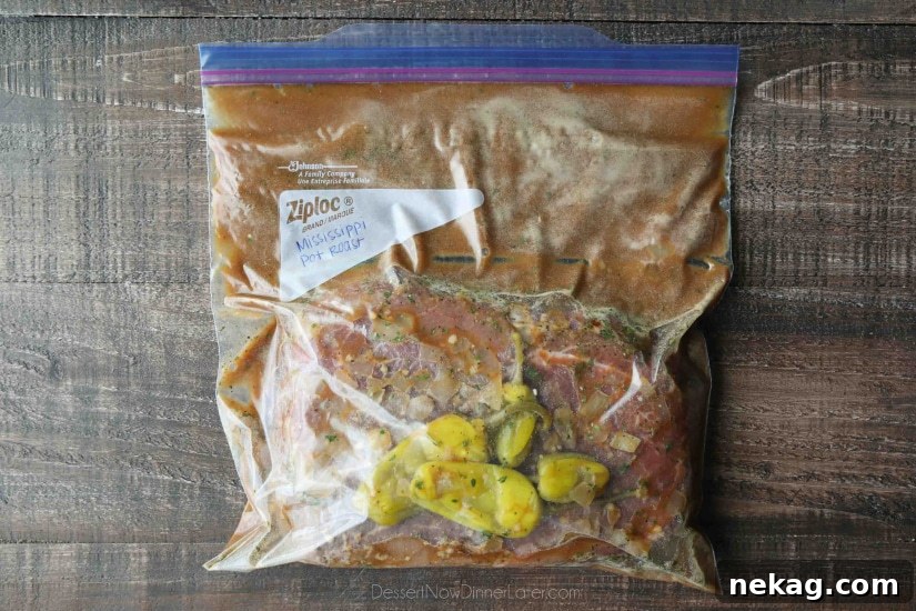 Prepared ingredients for Mississippie Pot Roast in a freezer bag.