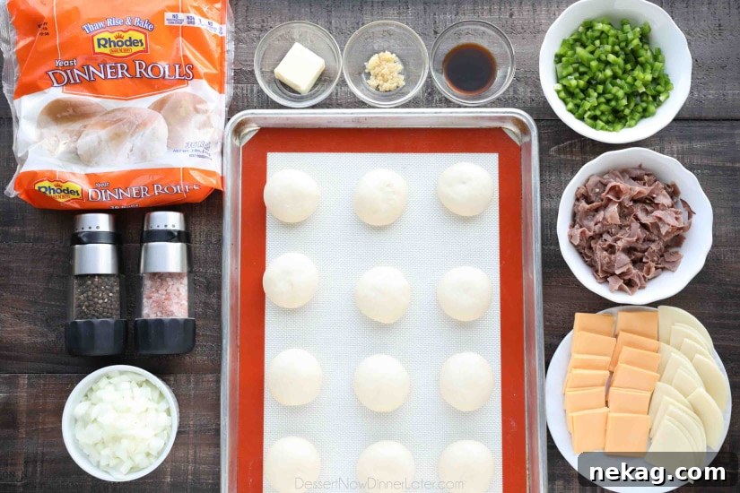Philly Cheesesteak Bombs: Loaded Steak, Cheese & Onion Bites 5 Philly Cheesesteak Bombs ingredients: Rhodes Dinner Rolls, butter, garlic, salt, pepper, diced onion, diced green bell pepper, Worcestershire sauce, sliced roast beef, and sliced American and provolone cheeses.
