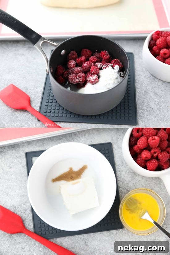 Preparing a quick raspberry sauce and cream cheese filling.